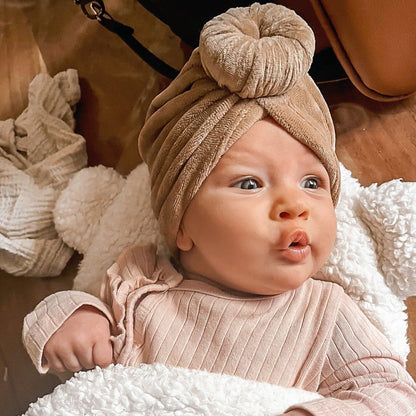 May Mays | Mae Baby Hat | Turban Velvet Taupe | 0-2 years