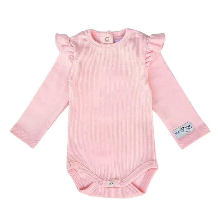 Beau Romper Ruffle Rib Roze, rompertje rib met franje