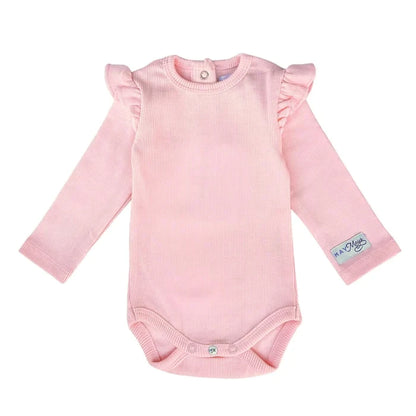 Beau Romper Ruffle Rib Roze, rompertje rib met franje